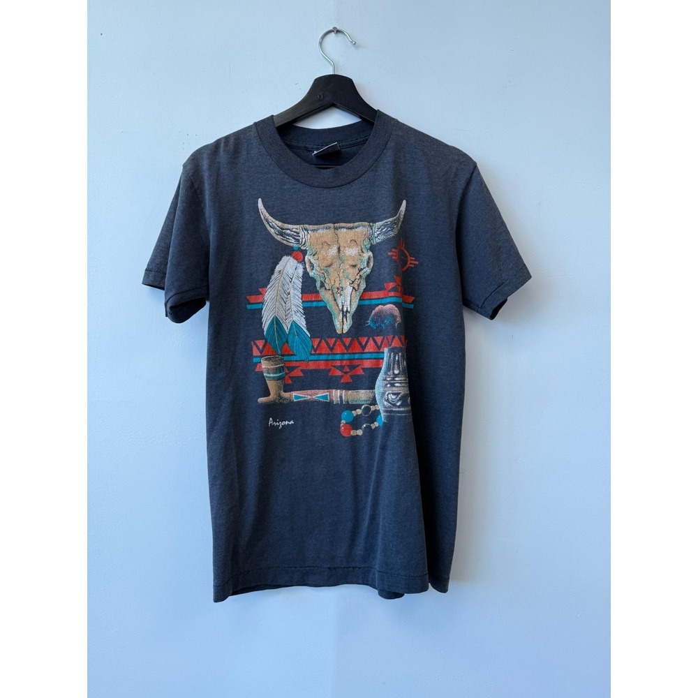 Vintage Arizona Shirt Mens‎ Small Gray Southwestern Graphic Cow Skull Tee 90s